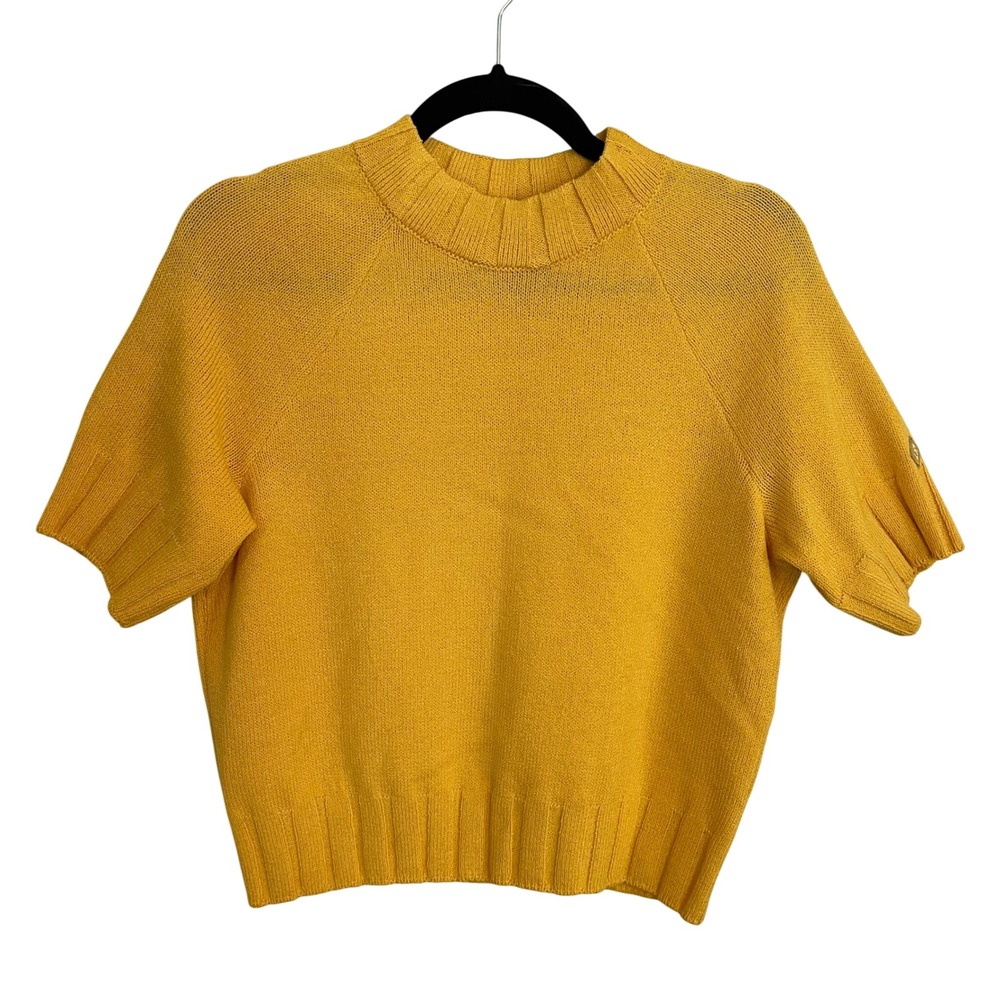 St John Sport Marie Gray Yellow Wool Blend Mock Neck Short Sleeve Sweater S
